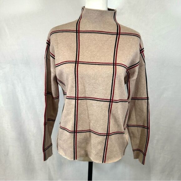 Tahari mock neck tan red and black windowpane sweater size medium - Picture 1 of 5